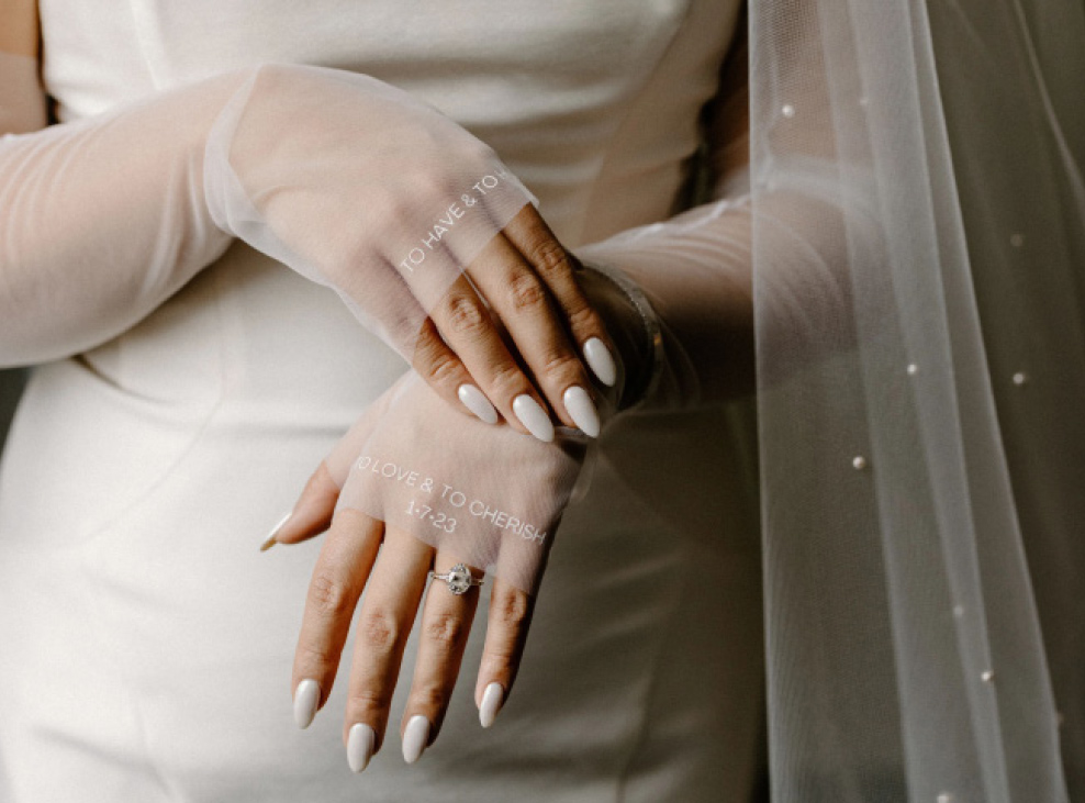 close up of sleeves on hands of wedding gown