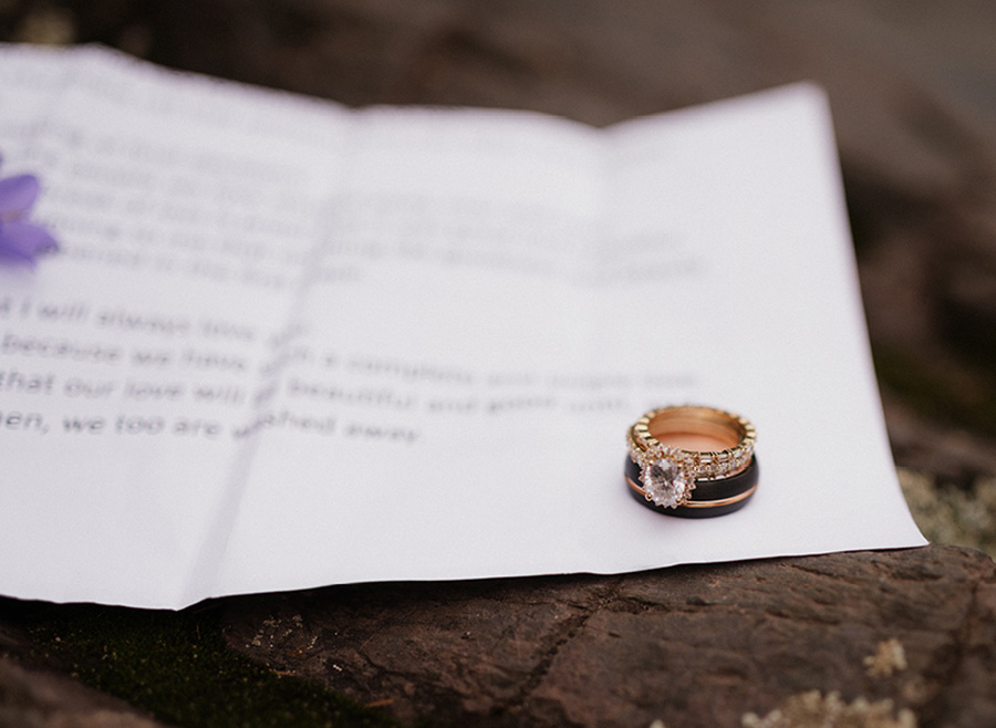 Wedding band on paper with vows