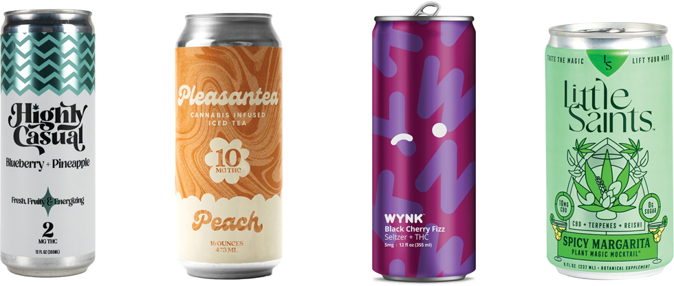 cans of Highly Casual Blueberry + Pineapple THC infused seltzer, Pleasantea cannabis infused peach flavored iced tea, WYNK black cherry fizz THC infused seltzer, Little Saints spicy margarita THC infused mocktail