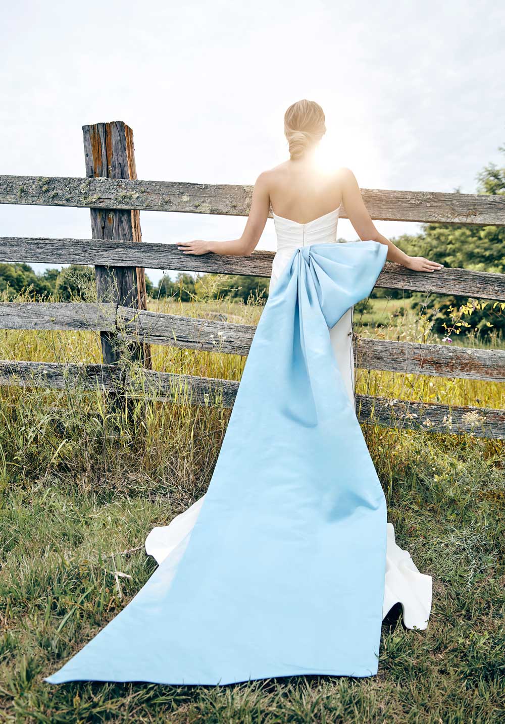 backside of a woman wearing the Sareh Nouri Blue Moon gown with bow train while watching the sunset