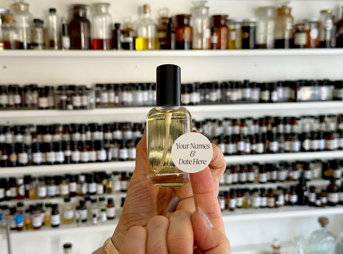 fragrance bottle with custom sticker
