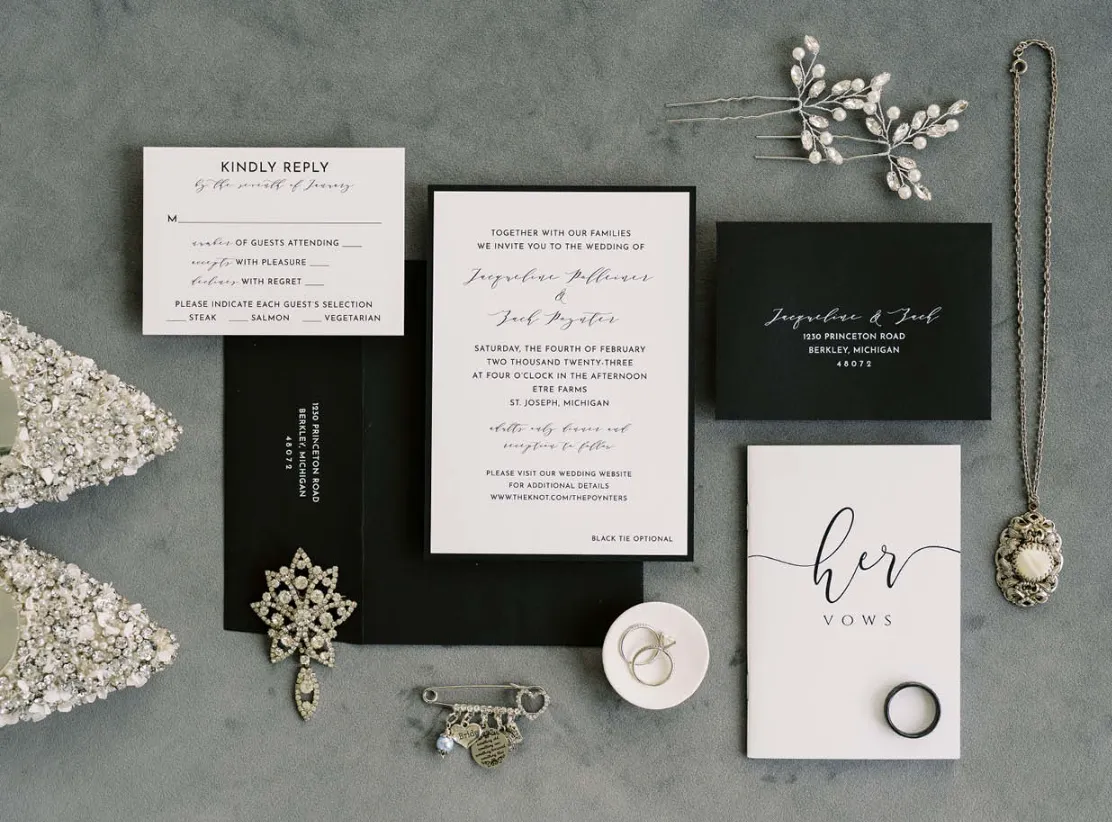 overhead view of wedding stationery