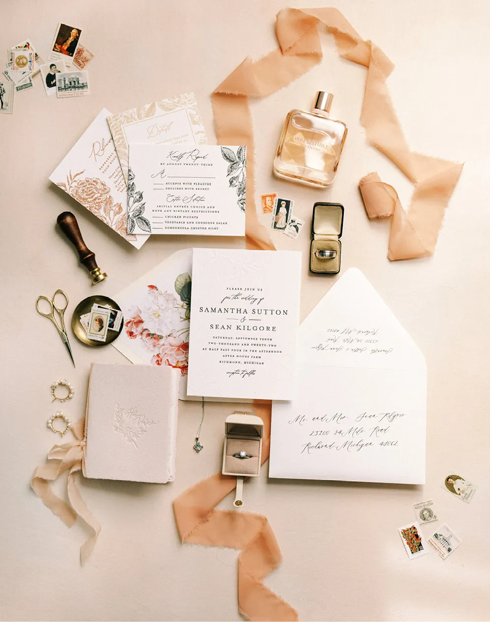 Aerial view of wedding stationery