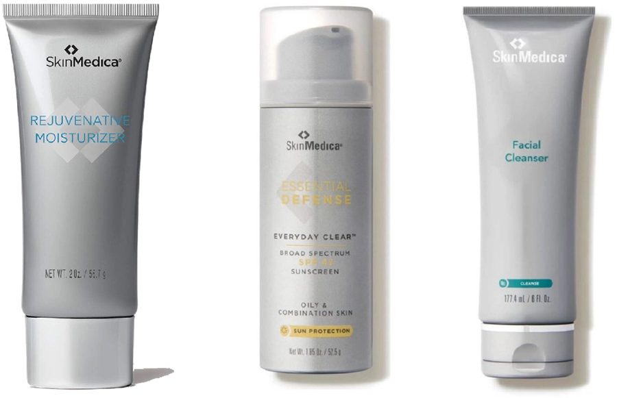 Skin Medica rejuvenating moisturizer, sunscreen, and facial cleanser