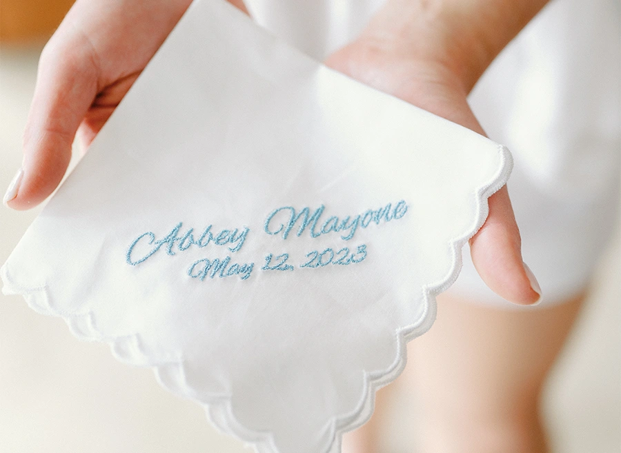 closeup of a handkerchief with Abbey's name