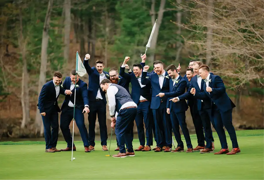 groom and groomsmen golfing at Thornapple Pointe Golf Club