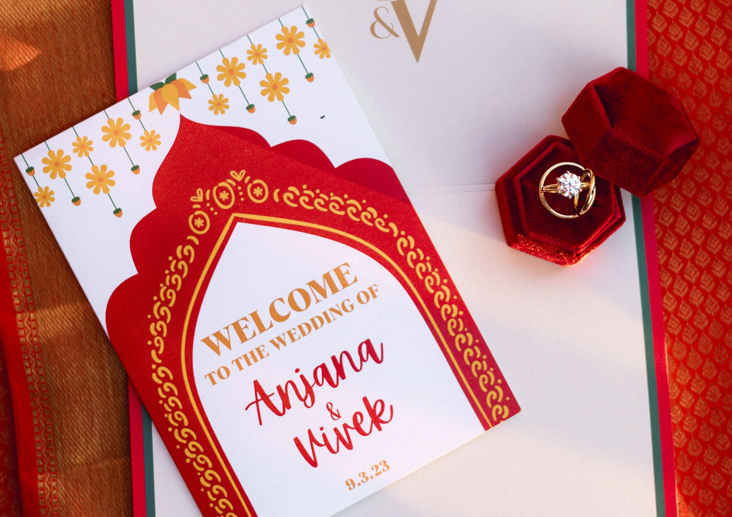 paper with text that reads 'welcome to the wedding of Anjana and Vivek' next to ring box