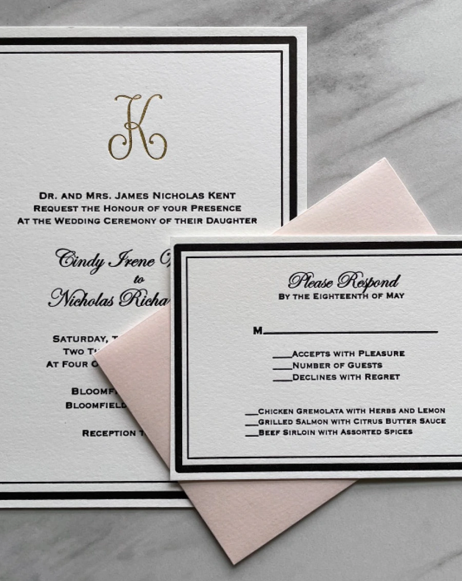 wedding invitations with black border and pink envelope