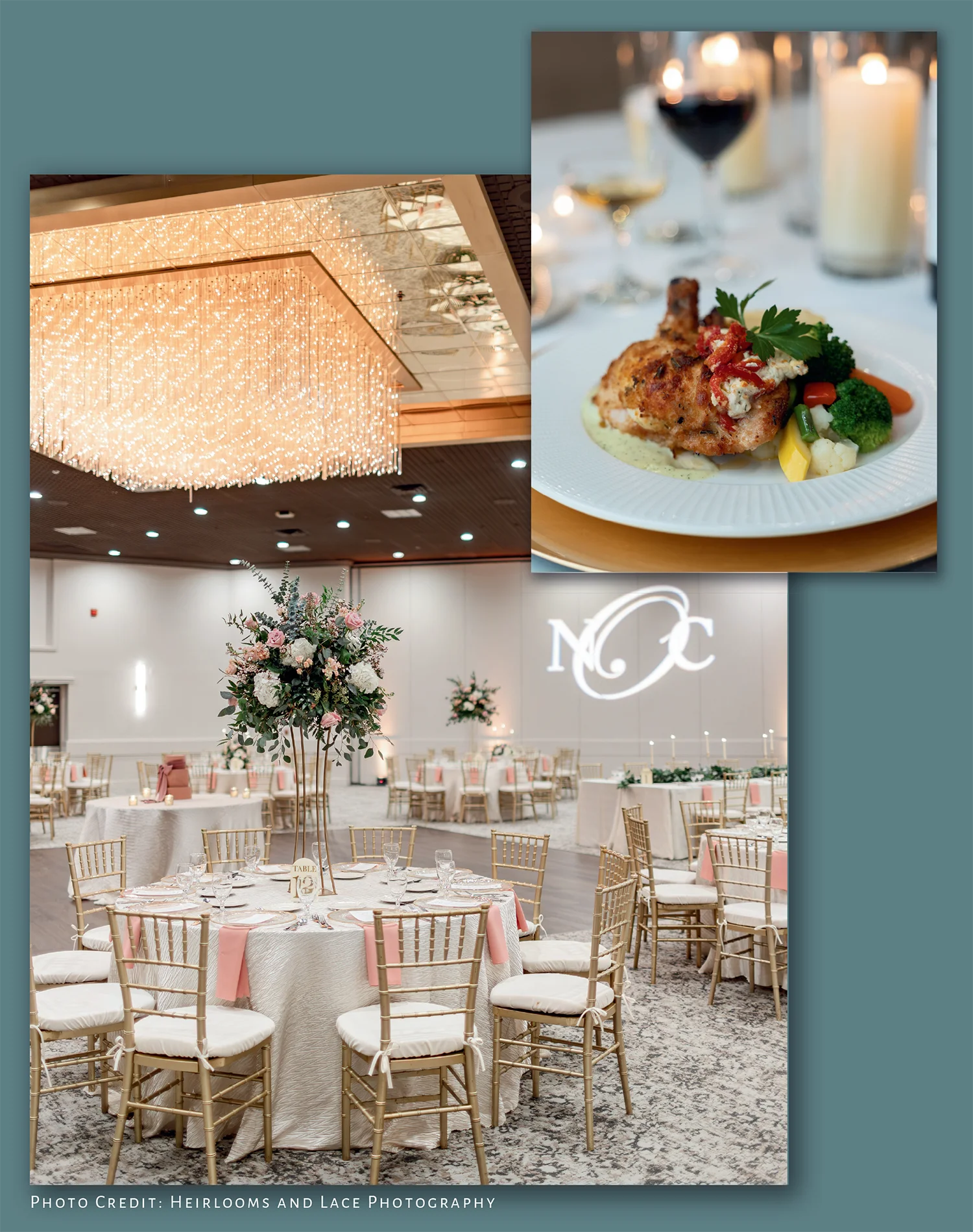 reception hall, lighting and plate of food