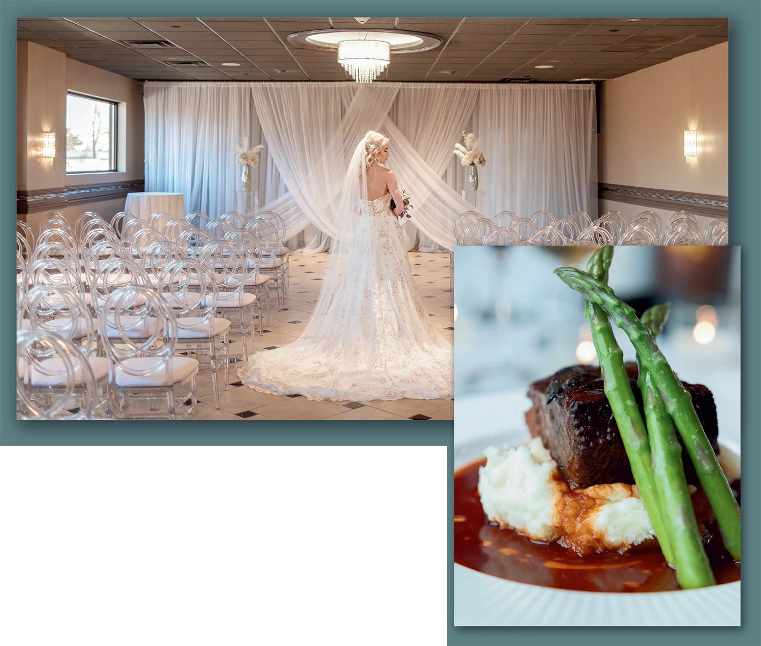 collage of photos from laurel manor showing food and bride