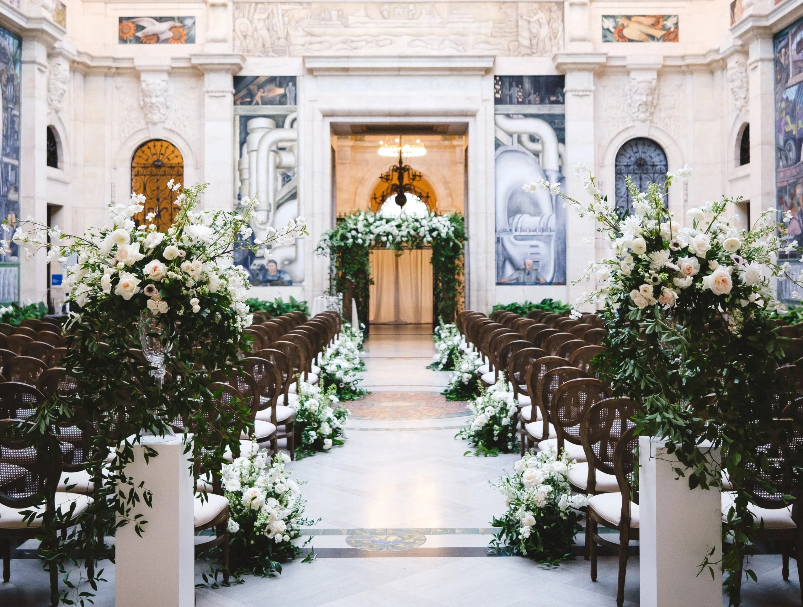 decorated wedding venue with white roses 
