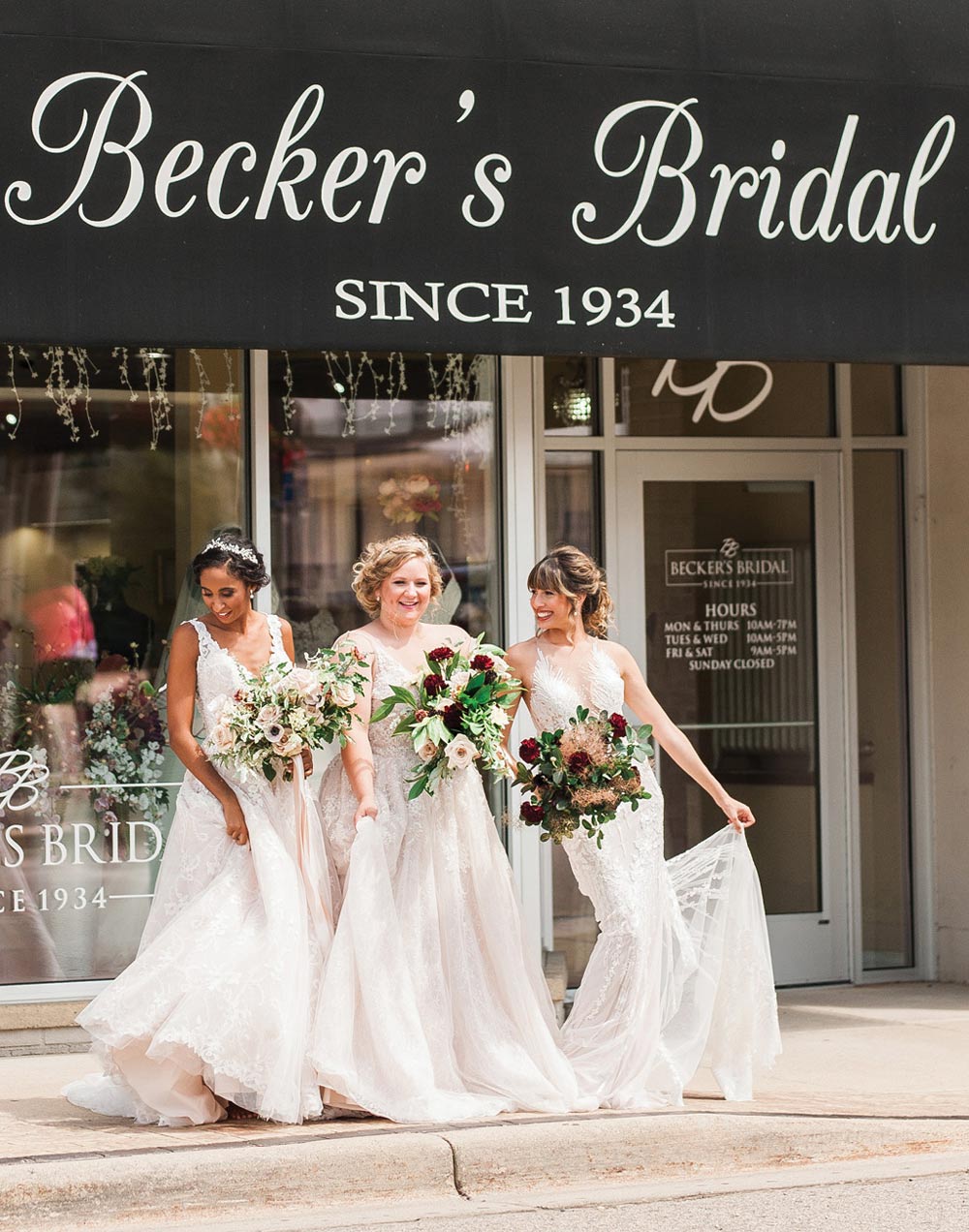 group of brides outside of Becker’s Bridal
