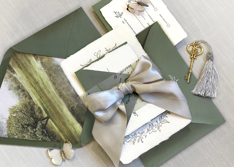 olive green wedding invitation and envelopes