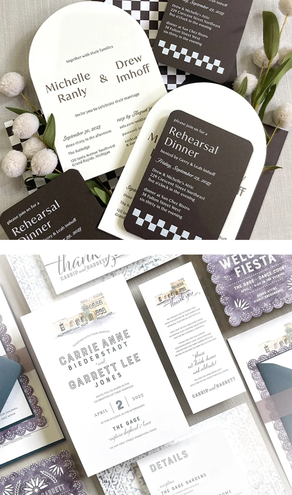 black and white checkered wedding invitations; purple and white wedding fiesta invitations