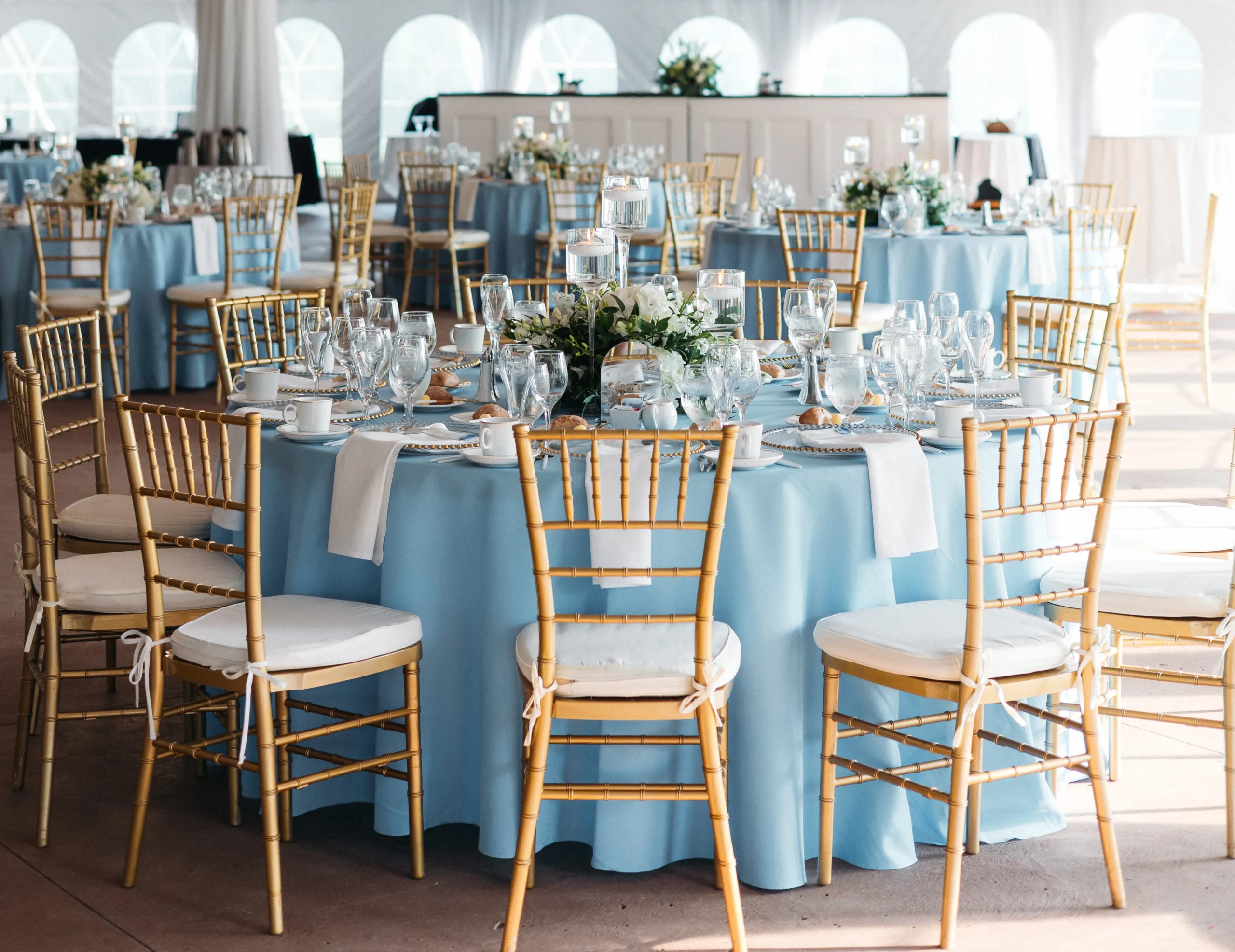 reception setup with light blue and white decorations