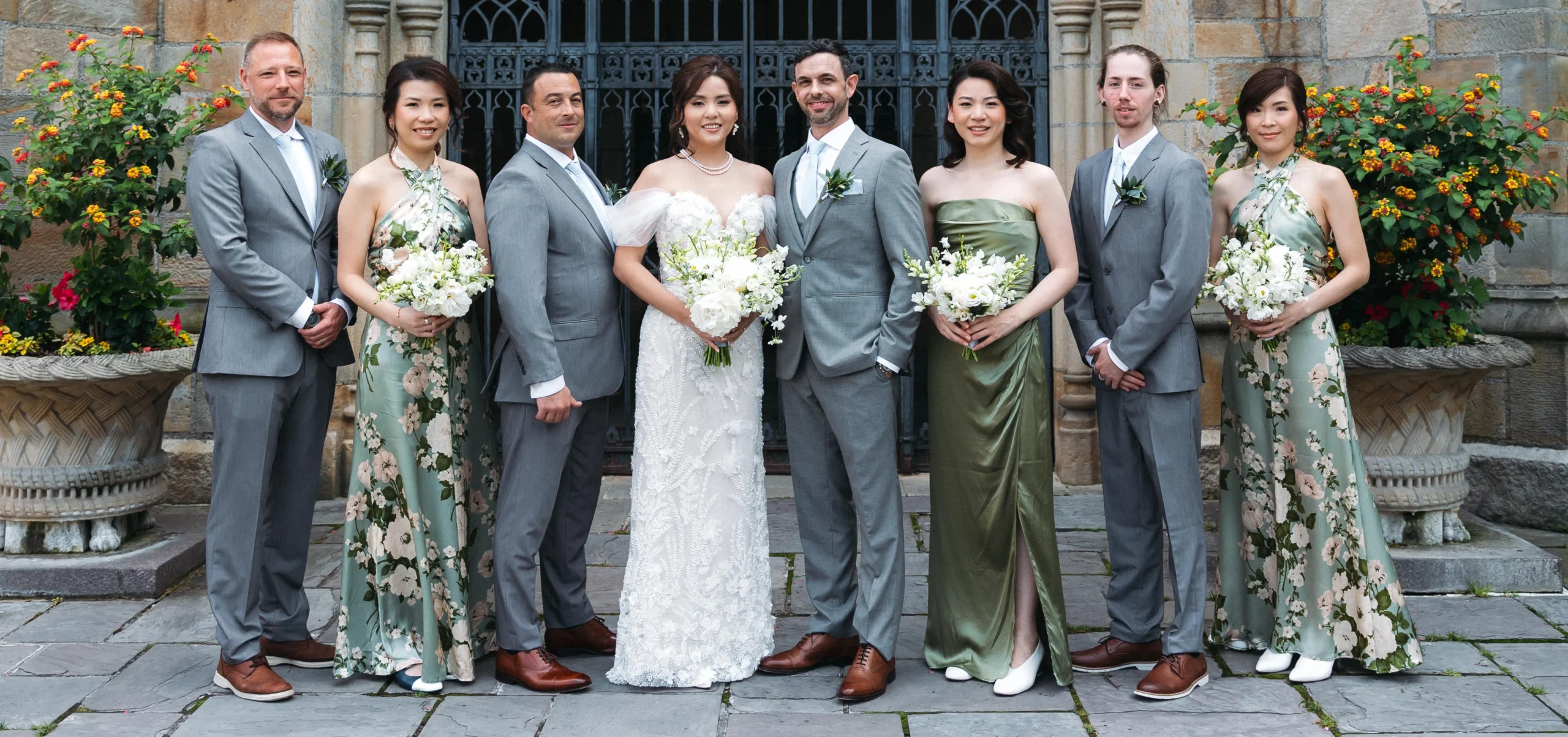 group photo of bridesmaid, bride, groom, and groomsmen
