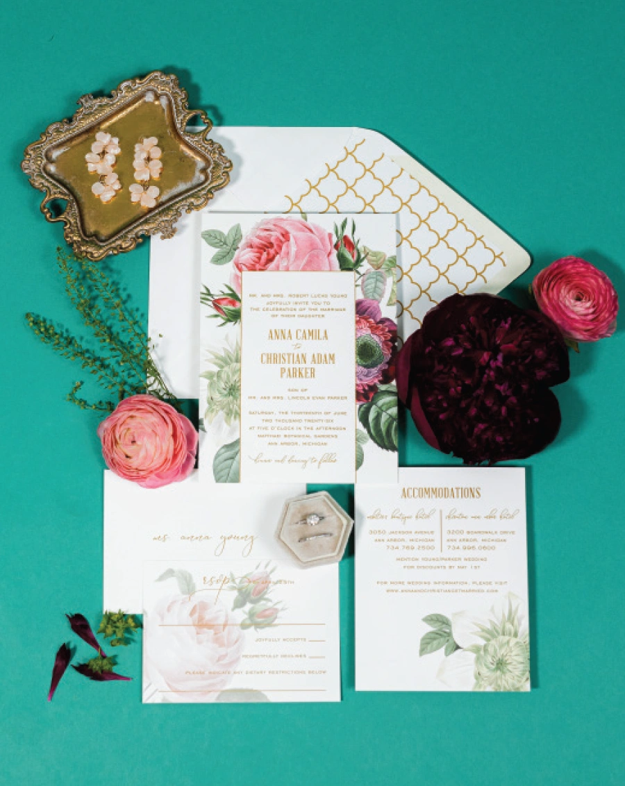 pink and green floral invitations 