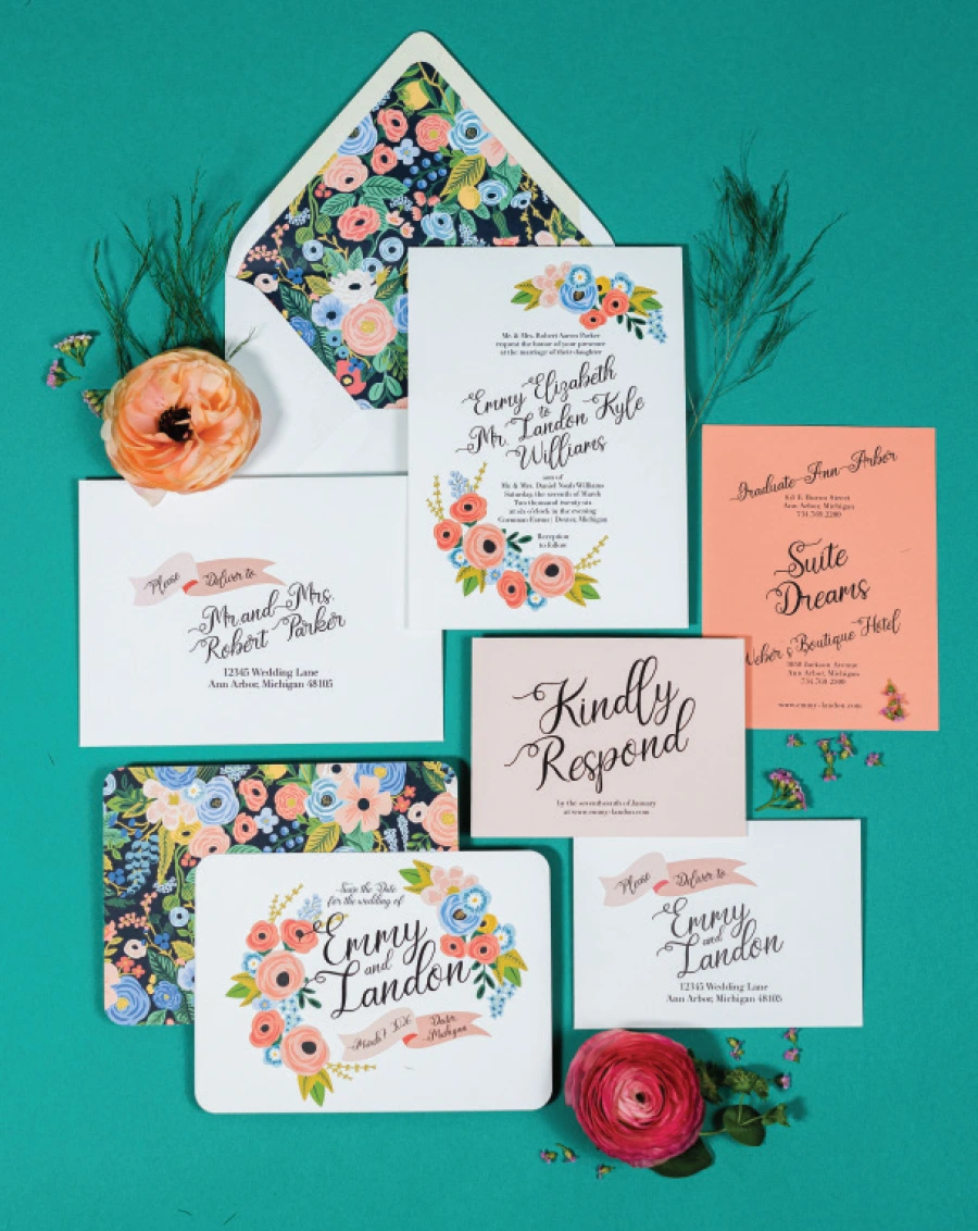 pink, blue, red, yellow floral invitations on teal background