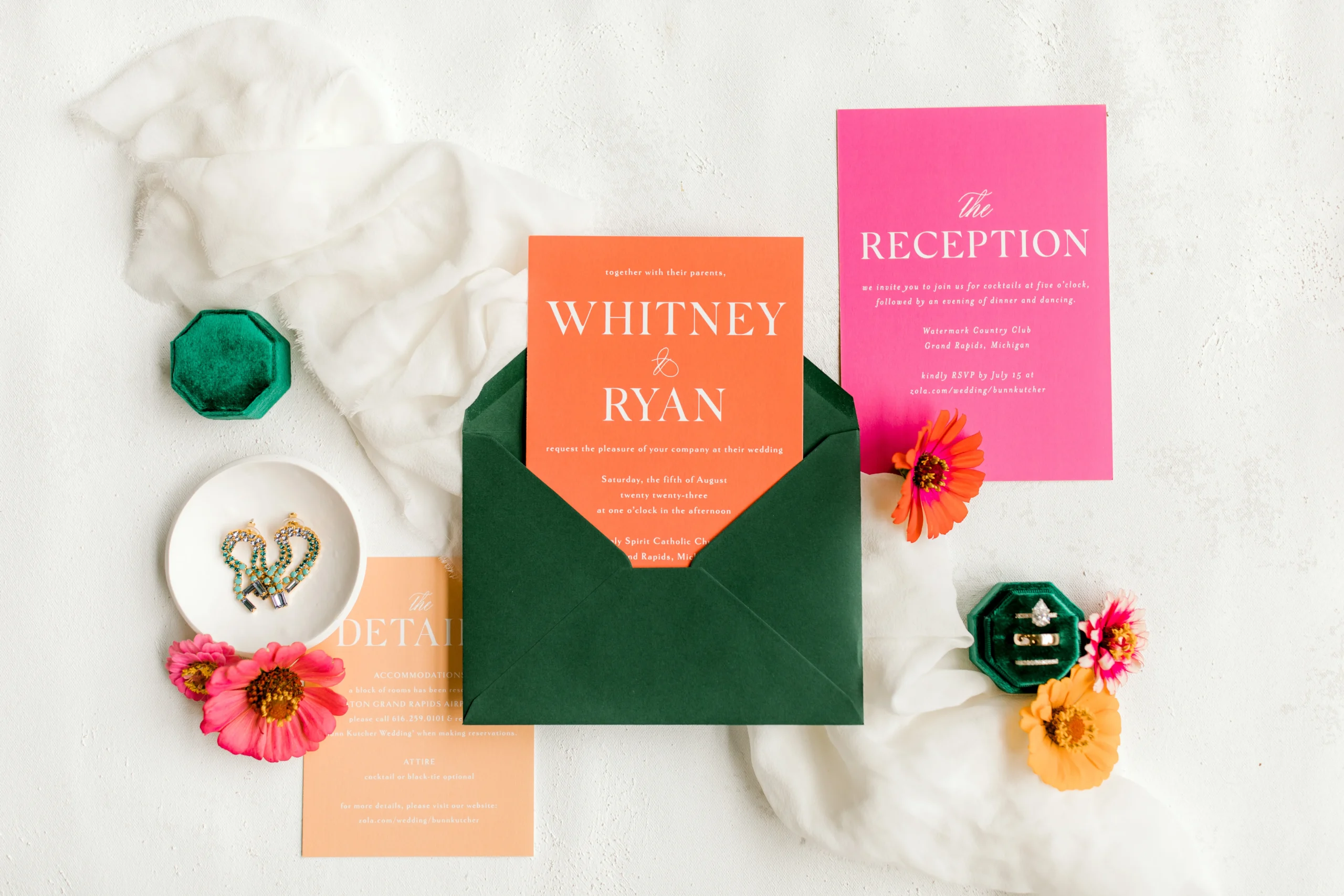 pink, orange, and green wedding invites